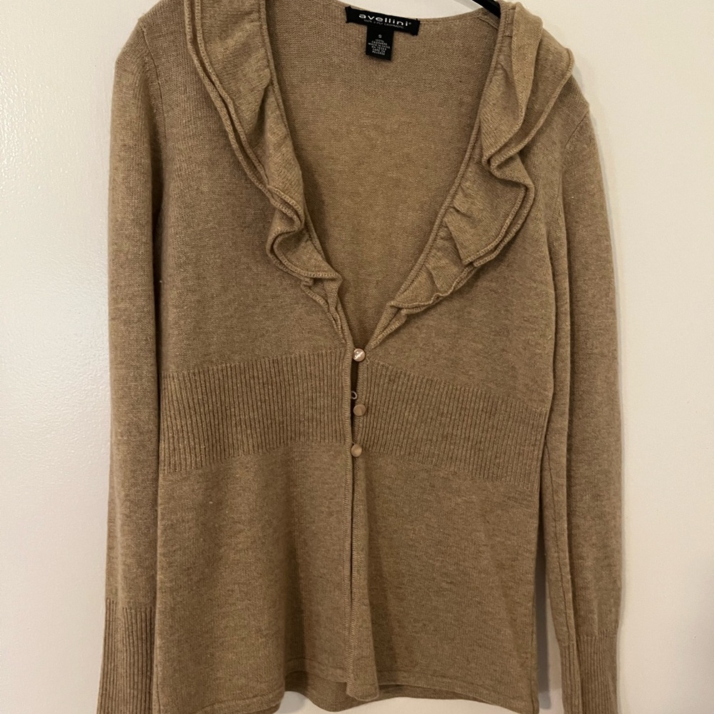 avellini Women's 100% Cashmere Tan Ruffle Cardigan